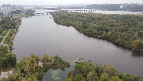 Dnipro River Near Kyiv City, Ukraine Aerial View. Dnieper, Kiev