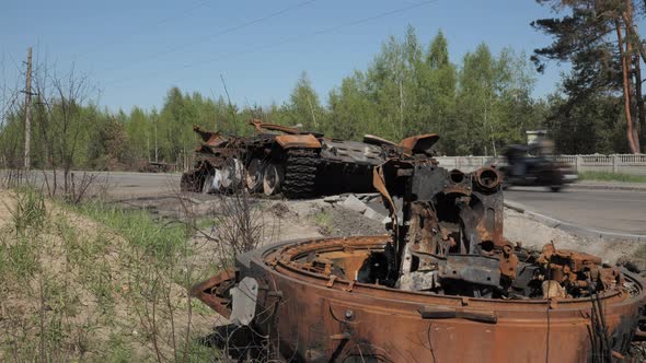 The Remains of a Burnt and Destroyed Tank of the Russian Army As a Result of a Battle with Ukrainian