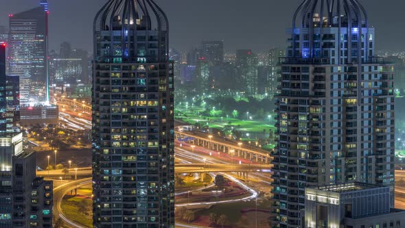 Aerial Top View of Dubai Marina Night Timelapse