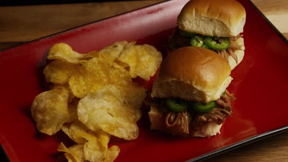 Rotating Shot of Delicious Pulled Pork Sliders