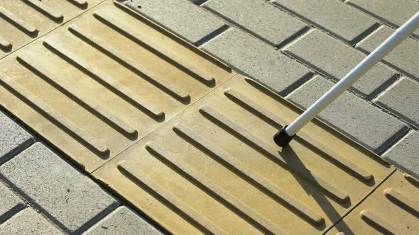 Blind Man Walking on Straight Tactile Tiles, Using White Cane to Navigate Road