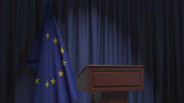 Flag of the European Union and Speaker Podium Tribune