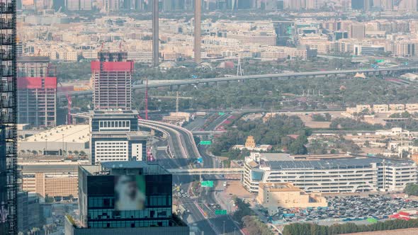 Aerial View to Financial and Zabeel District Timelapse with Traffic and Under Construction Building