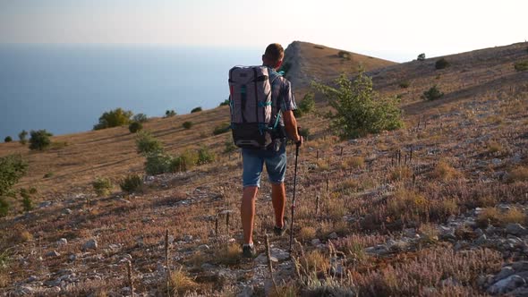 Travel Mountain Hike Following Shot of Man Travel on Crimea Black Sea Hiking Mountain Hike Travel