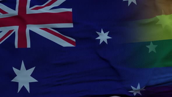 Waving National Flag of Australia and LGBT Rainbow Flag Background