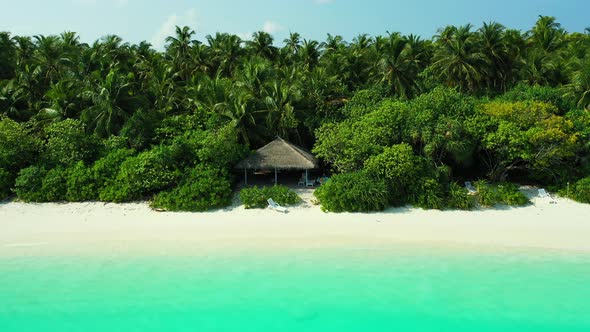 Natural flying copy space shot of a white sandy paradise beach and aqua blue water background 