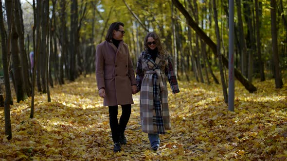 Romantic Walk of Family Couple in Park in Early Autumn Adult Man and Woman are Holding Hands