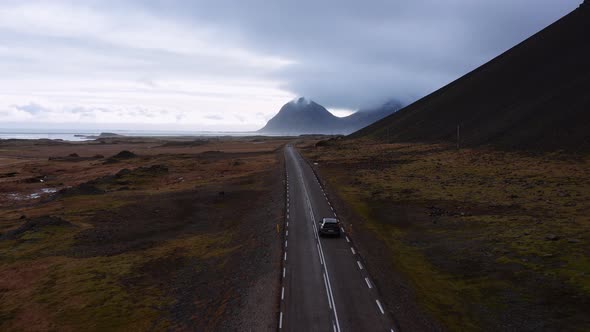 Drone Of Car On Road Driving Through Landscape