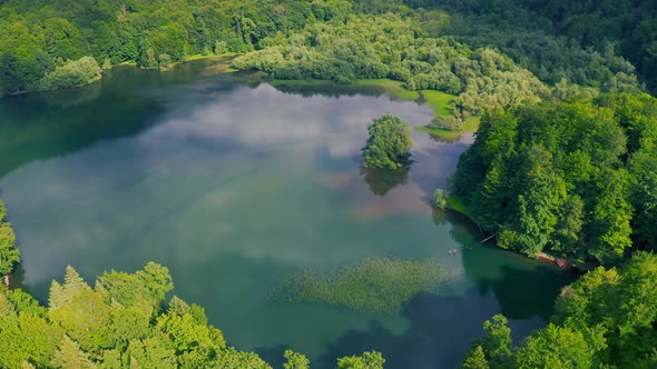 Birds Eye View of Scenic Emerald Lake Surrounded By Pine Forests