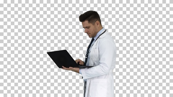 Man wearing white medical coat and stethoscope walking