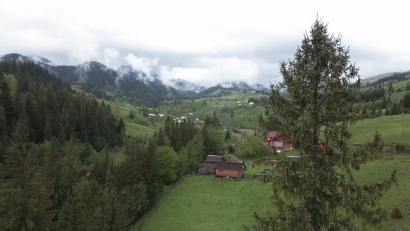 Ukraine, Carpathian Mountains: Village in the Mountains. Aerial