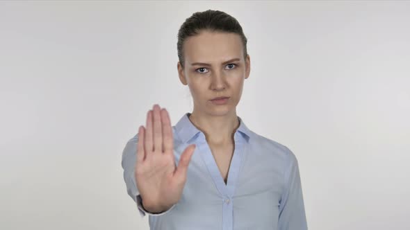 Stop, Young Businesswoman Stopping with Hand on White Background