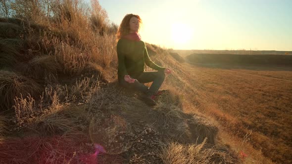 Autumn Landscape, Woman Traveler Meditating at Sunrise