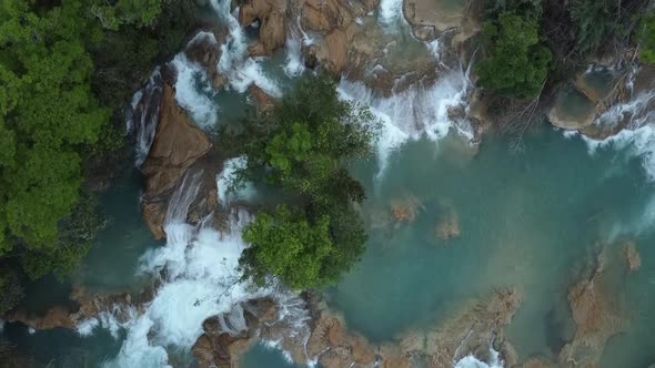 Cenital drone shot of a river in Cascadas de Agua Azul