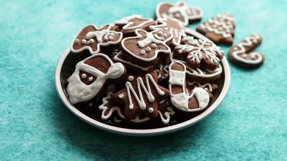 Delicious Fresh Christmas Decorated Gingerbread Cookies Placed in Wooden Crate