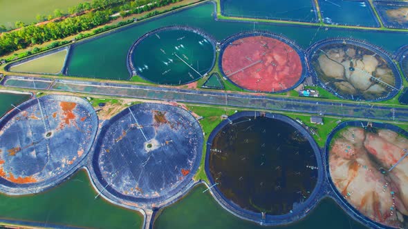 An aerial view of a drone flying over a large shrimp farm