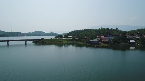 Vang Vieng water reserve in Laos from the sky alt