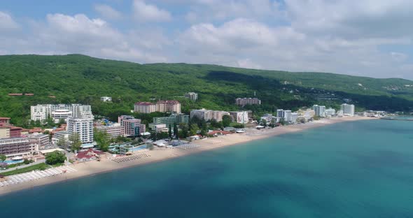 Aerial view of the beach and hotels in Golden Sands, Zlatni Piasaci.