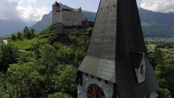 Flight over St. Nikolaus church and Gutenberg Castle, Balzers, Liechtenstein