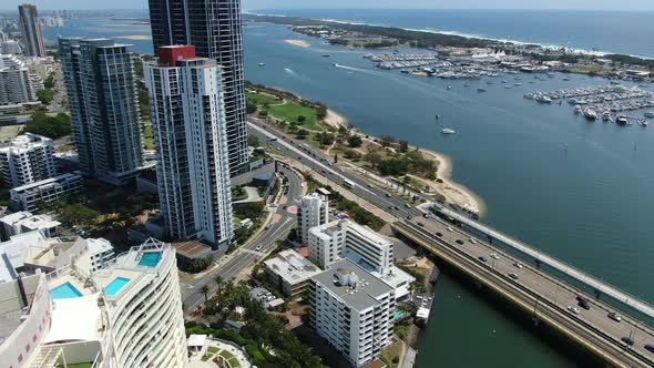 Flying towards Southport with views of Sundale Bridge the Gold Coast seaway.Beautiful clear summers