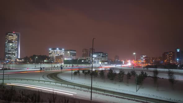 Evening traffic in the city in winter