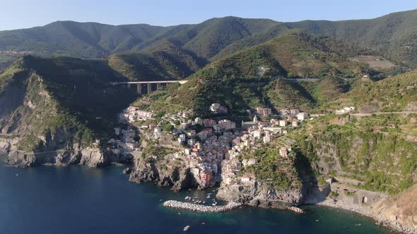 Aerial view of Riomaggiore village, part of Cinque Terre, Italy, Europe