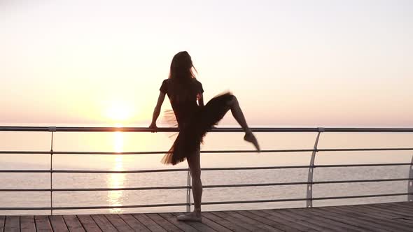 Ballerina Stands Facing to the Sea or Ocean in a Black Tutu