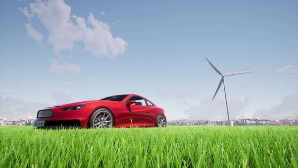 Wind Generators Machine Red Car Green Grass Field Eco Landscape