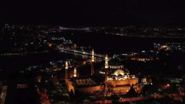 Suleymaniye Mosque And Istanbul City Night Aerial View