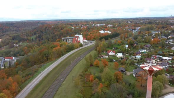 Aerial View of the Bobsleigh and Skeleton Track Luge Track Sigulda Surrounded by Colorful Forests 4K