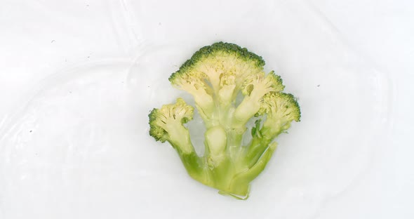 On a White Background, Sliced Broccoli Is Sprinkled with Water. Water Washes Over Fresh Green