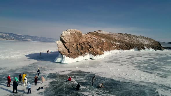 Aerial View on the Rocky Ice Covered Island in Lake Baikal