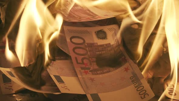Bunch of Euro Bills are Burning with Bright Flame Closeup