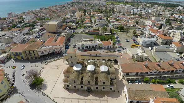 Flying Over Larnaca City Center, Cyprus. Aerial View of Saint Lazarus Church