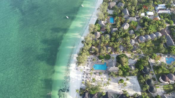 Aerial View of Houses Near the Coast in Zanzibar Tanzania Slow Motion