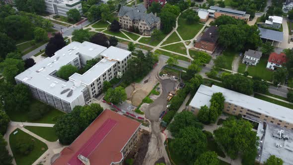 Oberlin College in Oberlin, Ohio.  Aerial drone flyover of campus.