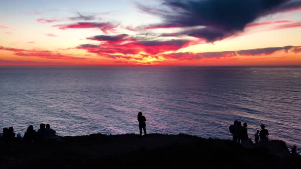 Sunset Over Atlantic Ocean Tourist People Girl Woman Silhouette