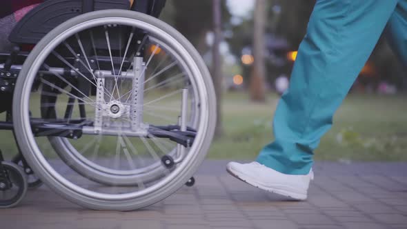 Side View of Unrecognizable Man in Medical Uniform Rolling Wheelchair Along the Alley in Summer Park