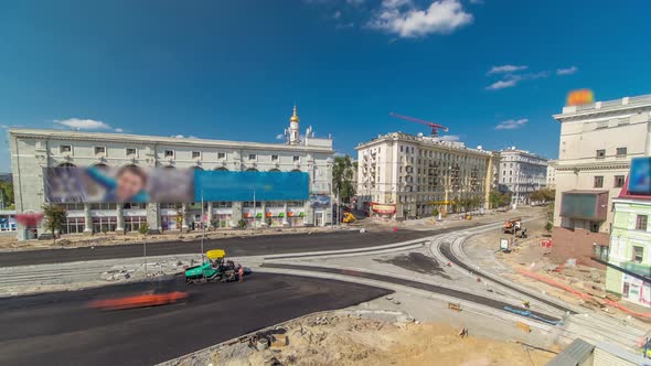 Workers Operating Asphalt Paver Machines During Road Construction and Repairing Works Timelapse