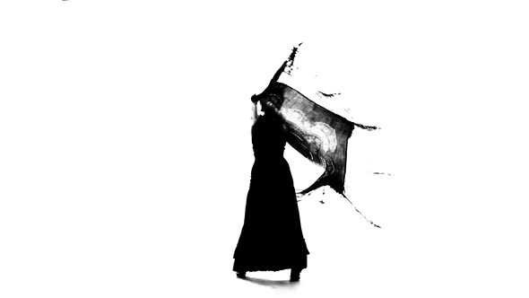 Woman Is Dancing with a Manton in Her Hands. White Background. Silhouette