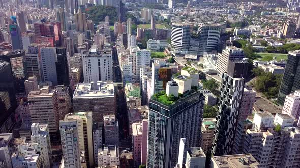 Drone fly over Hong Kong urban city