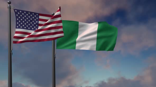 Nigeria Flag Waving Along With The National Flag Of The USA - 4K