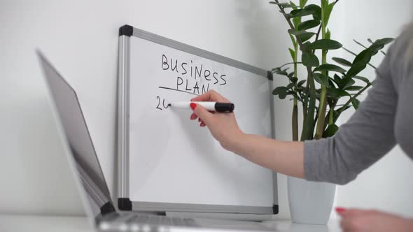 Smiling Young Woman Near Board with Business Plan Sketch Drawn on It