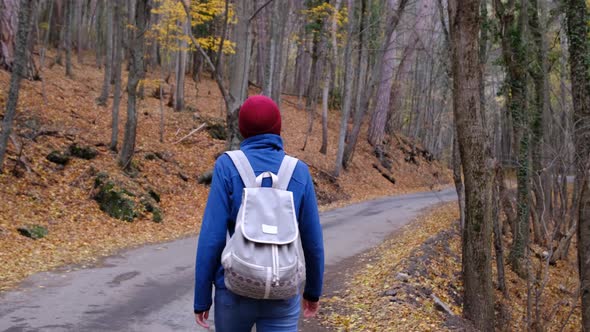 Woman with Backpack Walking on a Road in the Forest