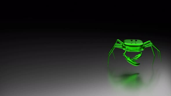 Cartoon glowing green crab moving isolated on a gray background with shadow