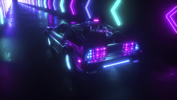 Futuristic Car Riding In Neon Glowing Tunnel Loop