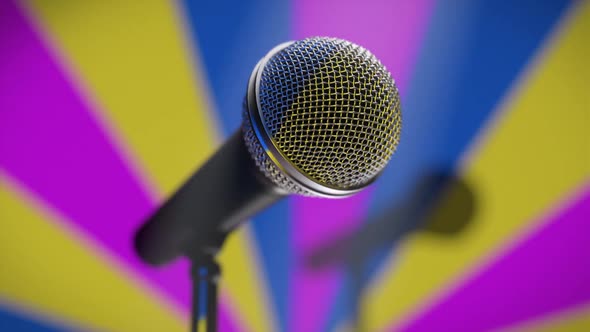 Music Microphone on the Stage Karaoke Bar Against a Colorful Retro Background alt