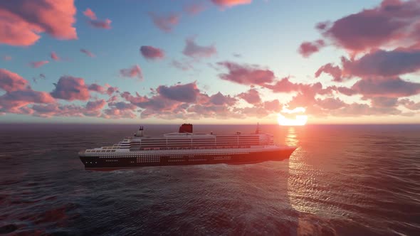 Cruise Ship And Timelapse Clouds And Ocean