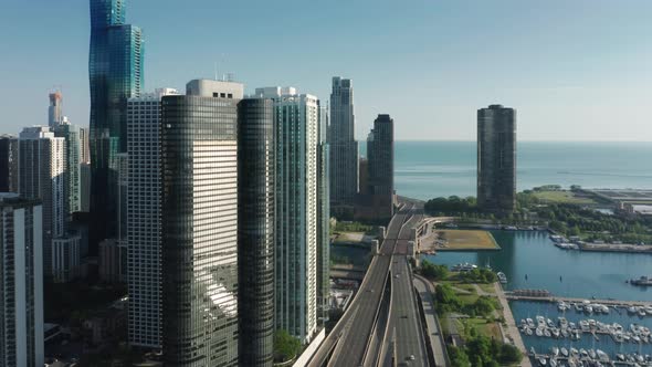 Chicago Downtown Aerial  Tall Skyscraper Buildings at Blue Michigan Lake