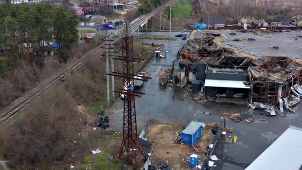 Aerial view of the destroyed and burnt houses.